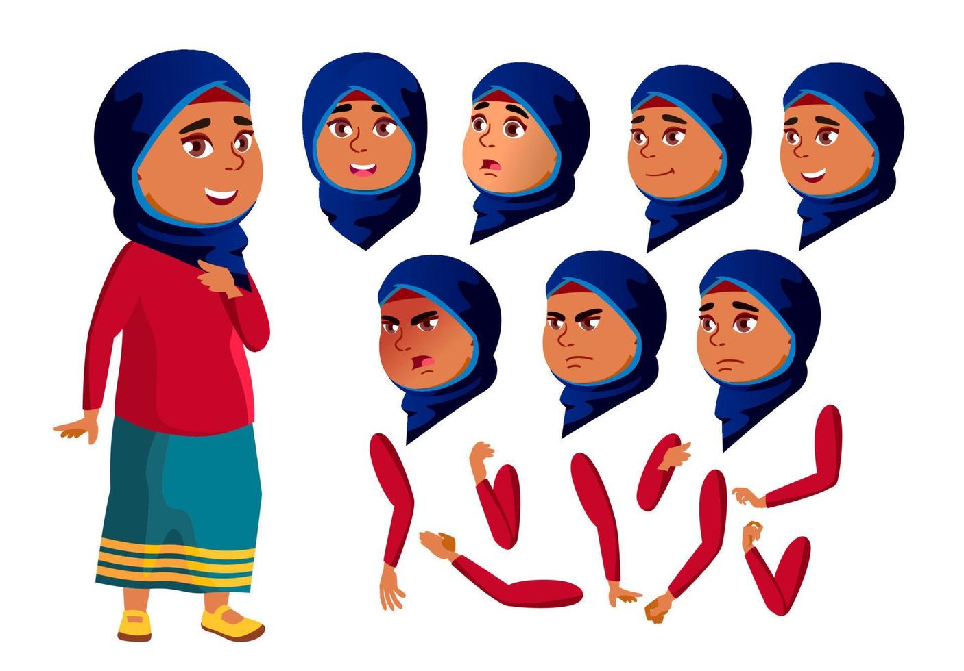 Arab, Muslim Teen Girl Vector. Teenager. Face. Children. Face Emotions, Various Gestures. Animation Creation Set. Isolated Flat Cartoon Character Illustration vector