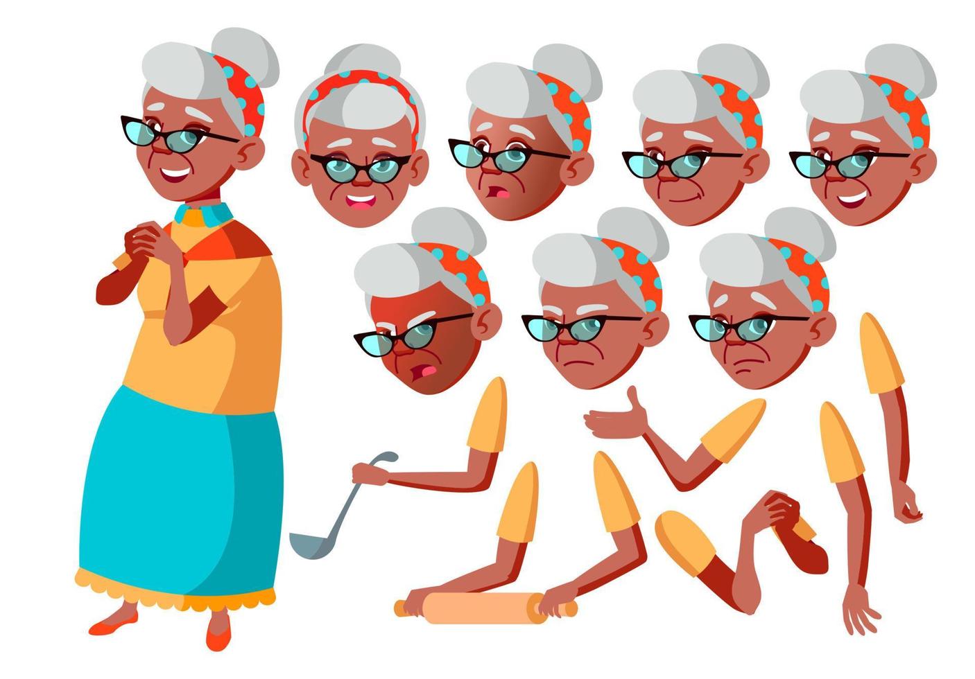 Old Woman Vector. Black. Afro American. Senior Person. Aged, Elderly People. Face Emotions, Various Gestures. Animation Creation Set. Isolated Flat Cartoon Character Illustration vector