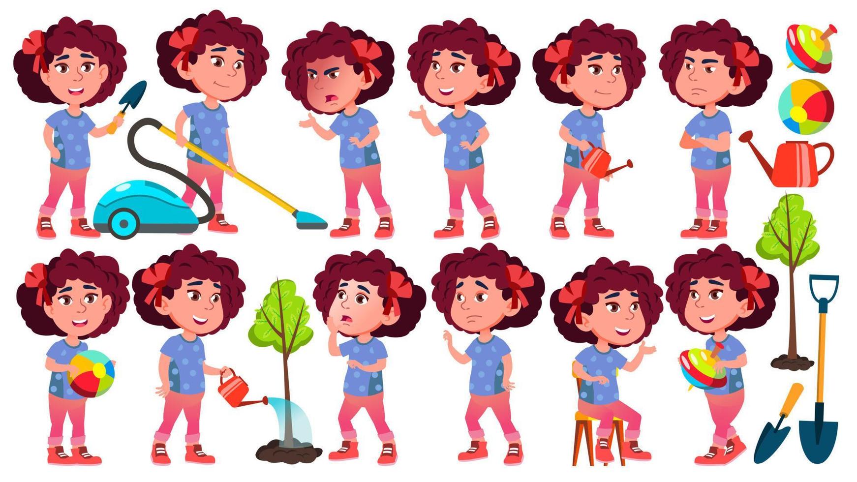 niña jardín de infantes poses set vector. preescolar. persona joven. alegre. para web, folleto, diseño de afiches. ilustración de dibujos animados aislados vector