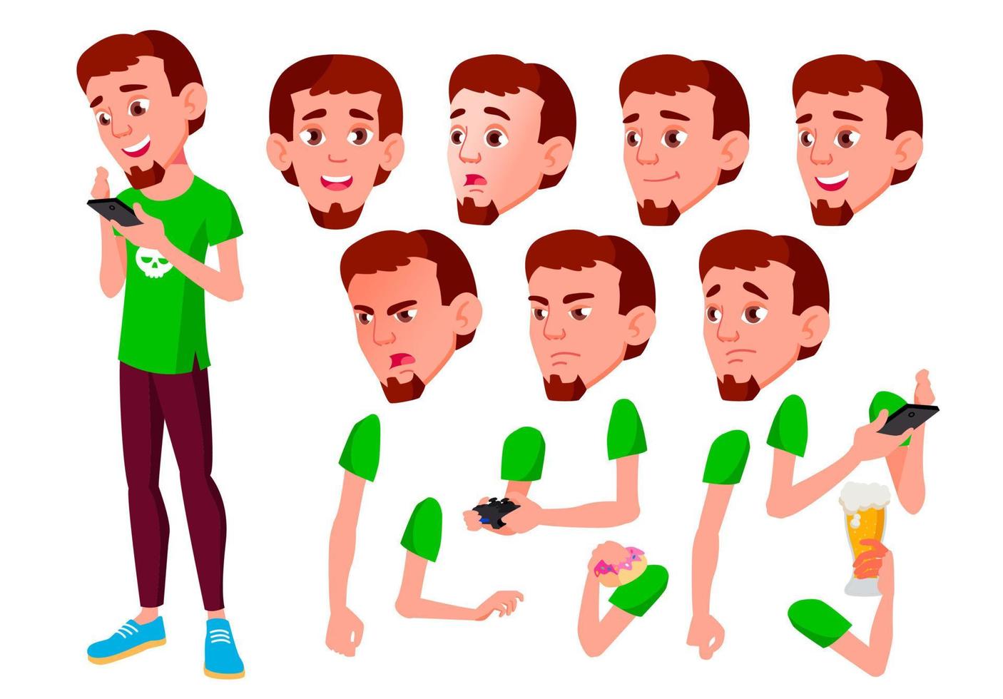 Teen Boy Vector. Teenager. Active, Expression. Face Emotions, Various Gestures. Animation Creation Set. Isolated Flat Cartoon Character Illustration vector