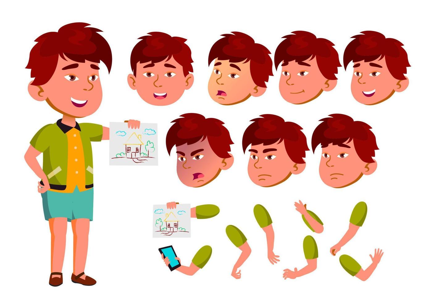 Asian Boy, Child, Kid, Teen Vector. Leisure. Educational, Study. Face Emotions, Various Gestures. Animation Creation Set. Isolated Flat Cartoon Character Illustration vector