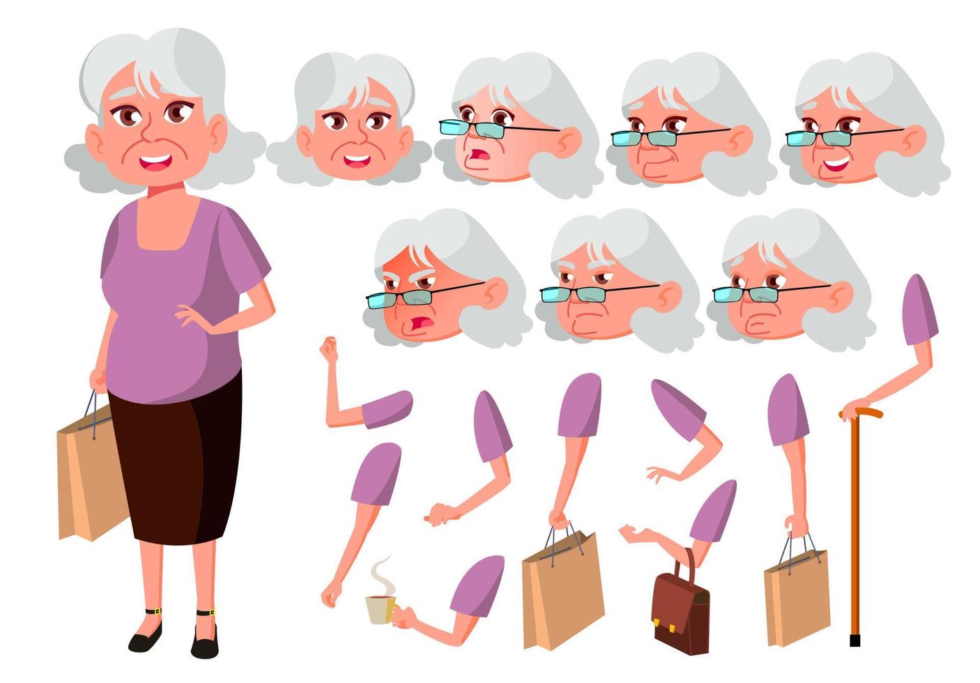 Old Woman Vector. Senior Person. Aged, Elderly People. Cute, Comic. Joy. Face Emotions, Various Gestures. Animation Creation Set. Isolated Flat Cartoon Character Illustration vector