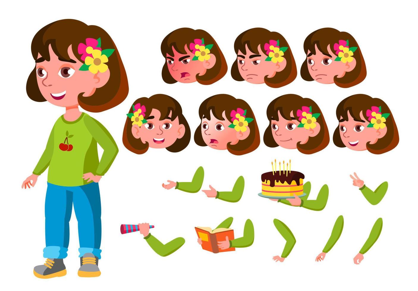 Girl, Child, Kid, Teen Vector. Schooler. Young. Face Emotions, Various Gestures. Animation Creation Set. Isolated Flat Cartoon Character Illustration vector