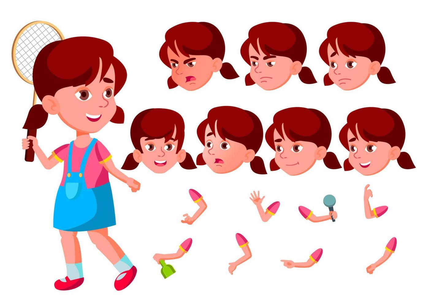 Girl, Child, Kid, Teen Vector. Happy Childhood. Abc. Face Emotions, Various Gestures. Animation Creation Set. Isolated Flat Cartoon Character Illustration vector