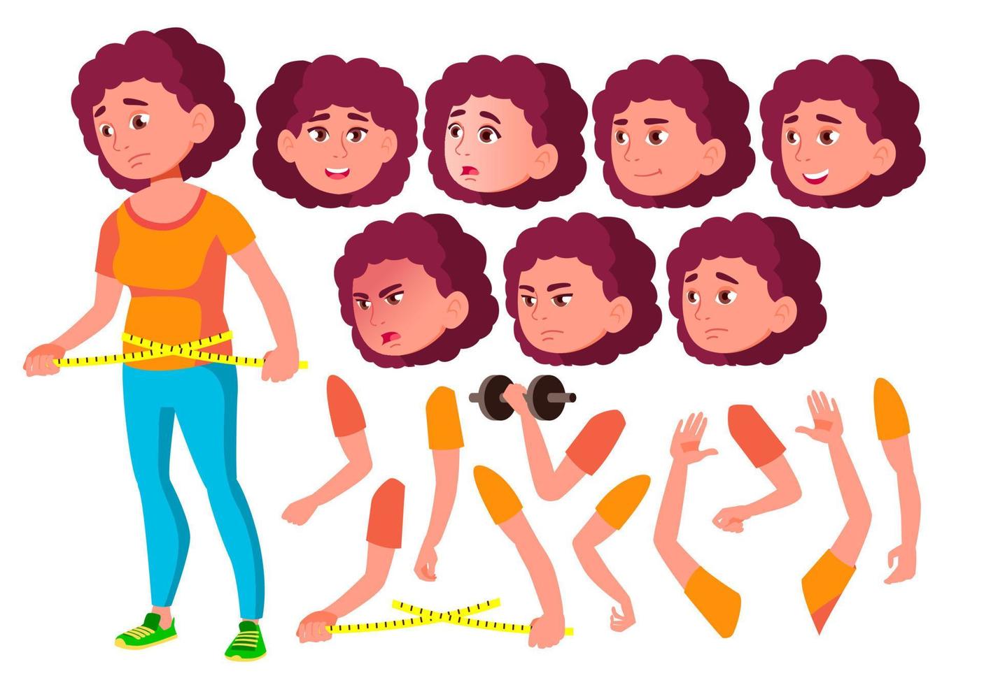 vector de chica adolescente gorda. adolescente. caucásico, positivo. enfrentar emociones, varios gestos. conjunto de creación de animación. ilustración de personaje de dibujos animados plano aislado