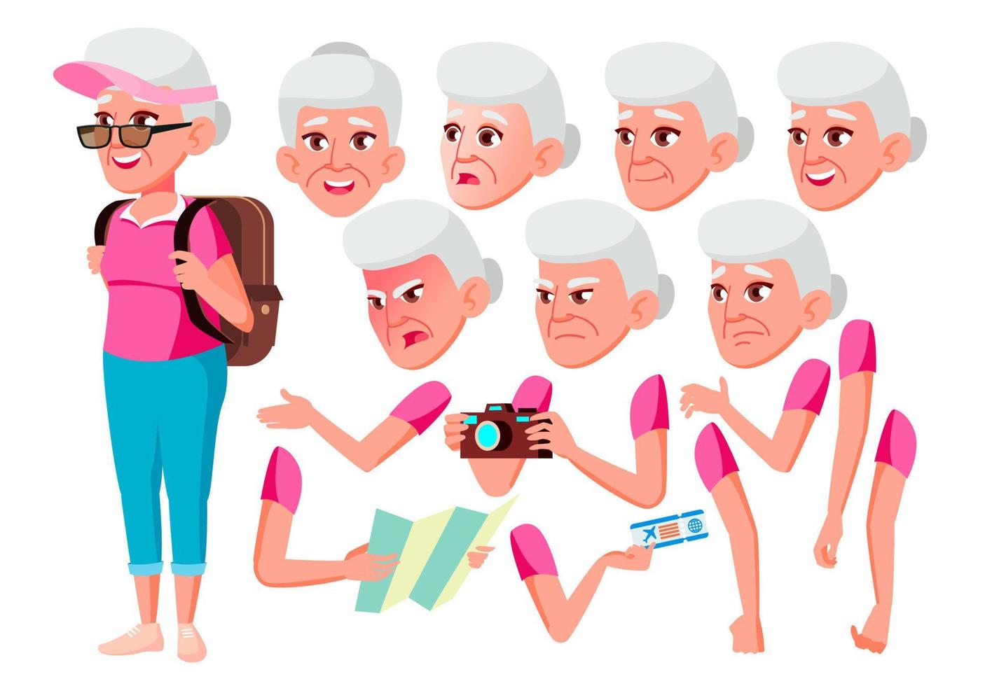 Old Woman Vector. Senior Person. Aged, Elderly People. Friendly, Cheer. Face Emotions, Various Gestures. Animation Creation Set. Isolated Flat Cartoon Character Illustration vector