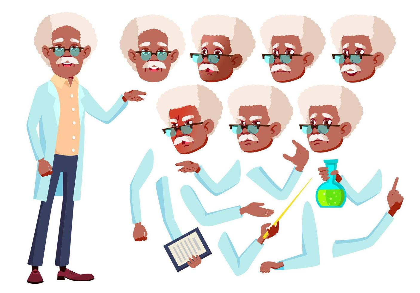 Old Man Vector. Senior Person. Black. Afro American. Aged, Elderly People. Scientist, Doctor. Face Emotions, Various Gestures. Animation Creation Set. Isolated Flat Cartoon Character Illustration vector