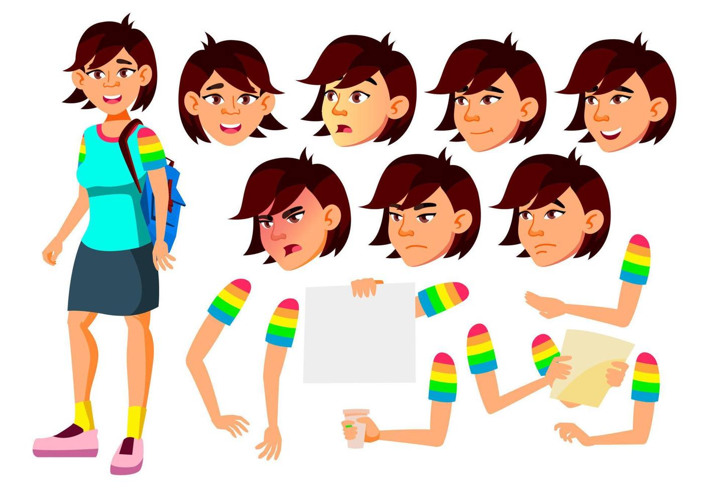 Asian Teen Girl Vector. Teenager. Positive Person. Face. Children. Face Emotions, Various Gestures. Animation Creation Set. Isolated Flat Cartoon Character Illustration vector