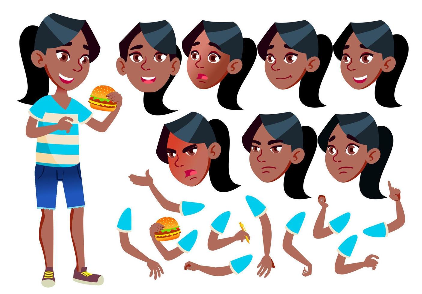 Girl, Child, Kid, Teen Vector. Black. Afro American. Leisure. Educational, Study. Face Emotions, Various Gestures. Animation Creation Set. Isolated Flat Cartoon Character Illustration vector
