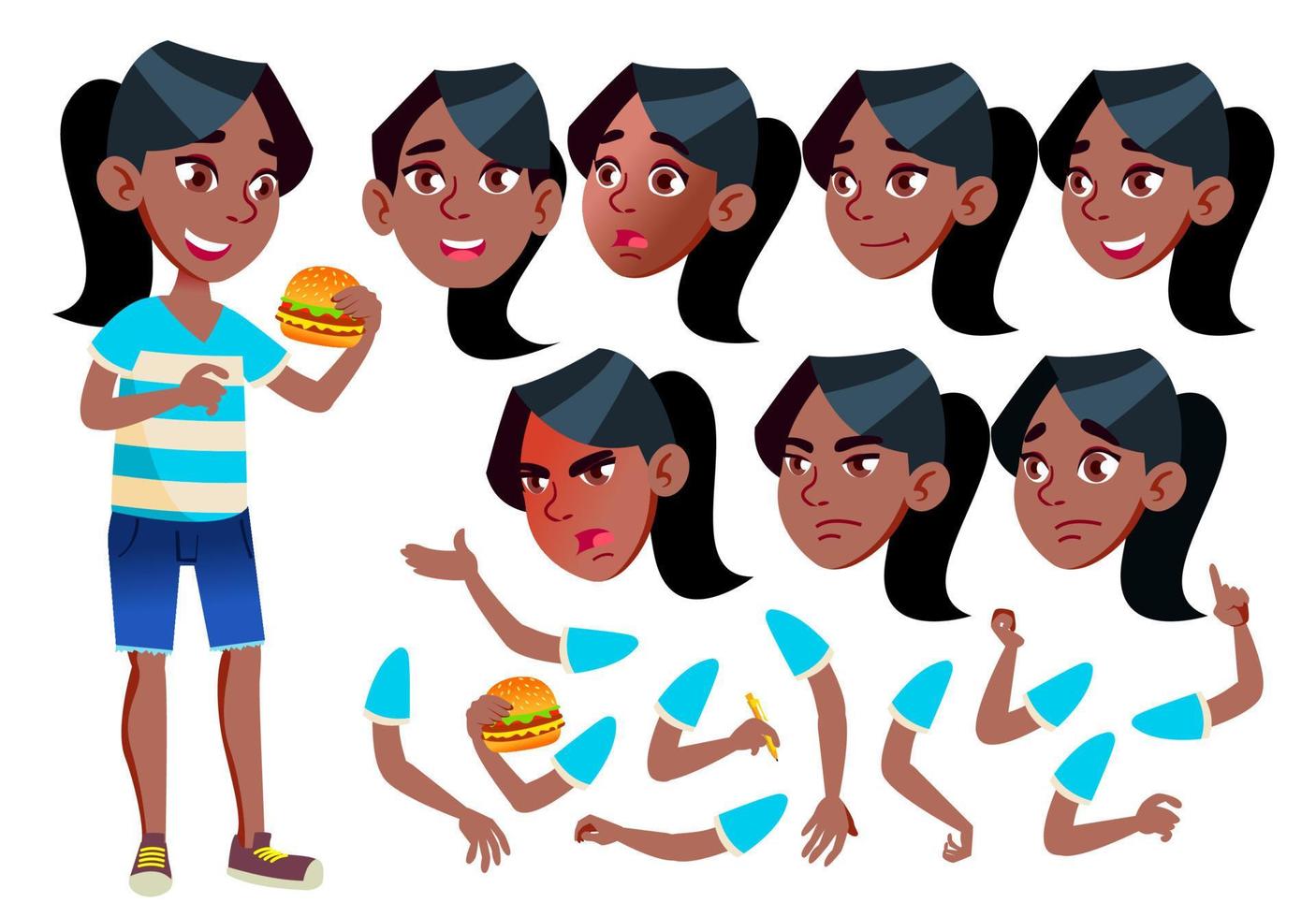 niña, niño, niño, vector adolescente. negro. afroamericano. tiempo libre. educativo, estudio. enfrentar emociones, varios gestos. conjunto de creación de animación. ilustración de personaje de dibujos animados plano aislado