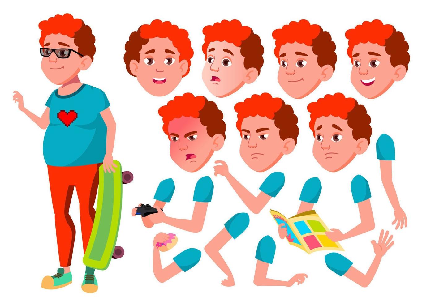 Teen Boy Vector. Teenager. Fun, Cheerful. Red Head. Fat Gamer. Face Emotions, Various Gestures. Animation Creation Set. Isolated Flat Cartoon Character Illustration vector