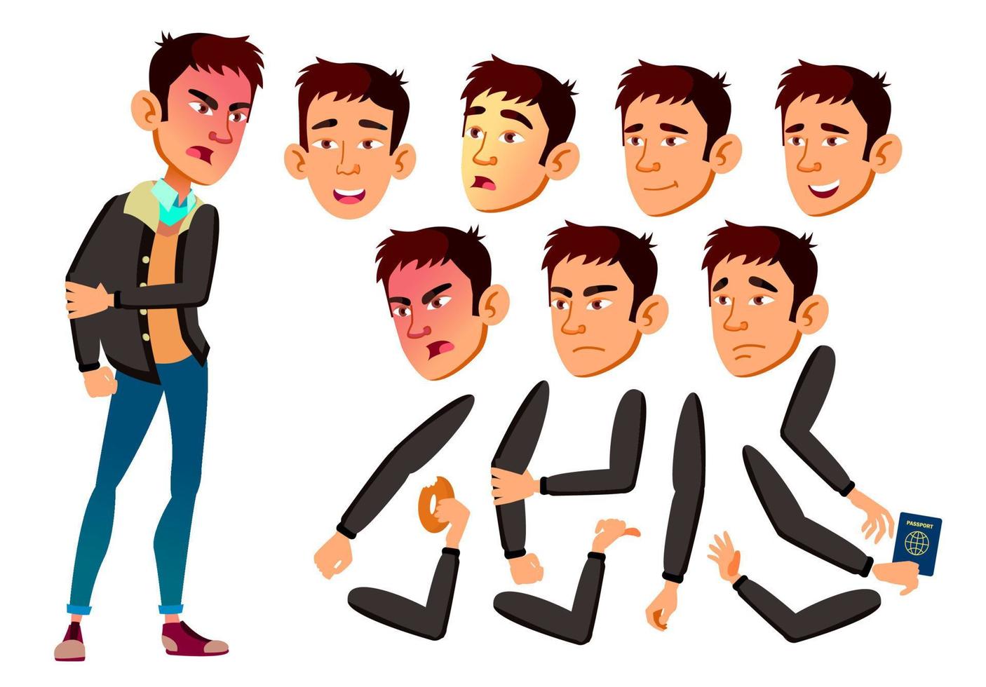 Teen Boy Vector. Asian Teenager. Active, Expression. Face Emotions, Various Gestures. Animation Creation Set. Isolated Flat Cartoon Character Illustration vector