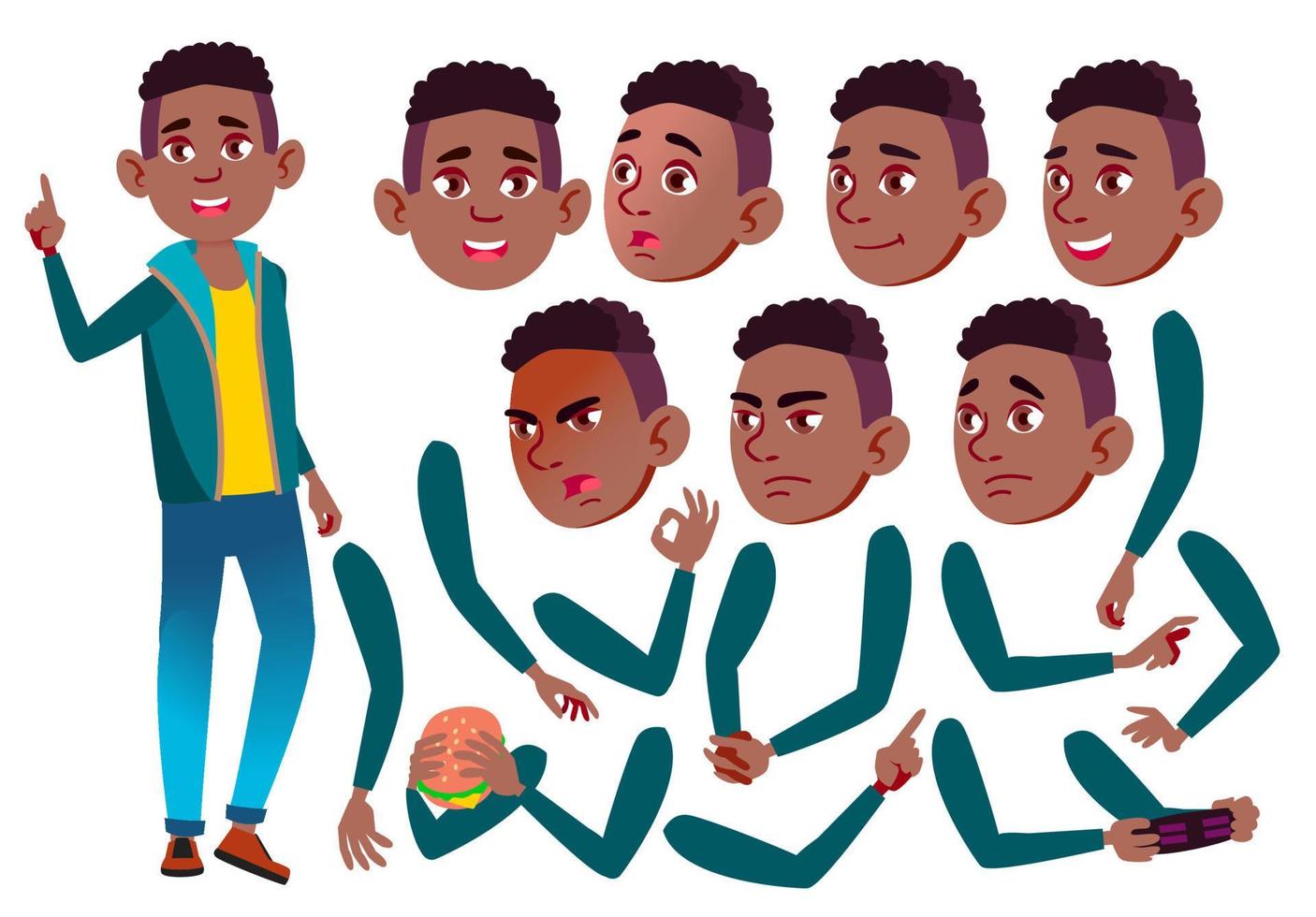 vector de chico adolescente. negro. afroamericano. adolescente. ocio, sonrisa. enfrentar emociones, varios gestos. conjunto de creación de animación. ilustración de personaje de dibujos animados plano aislado