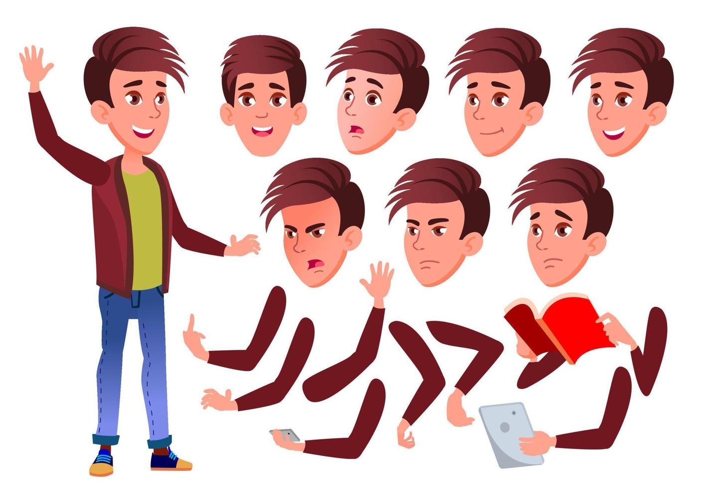 Teen Boy Vector. Teenager. Positive Person. Face Emotions, Various Gestures. Animation Creation Set. Isolated Flat Cartoon Character Illustration vector