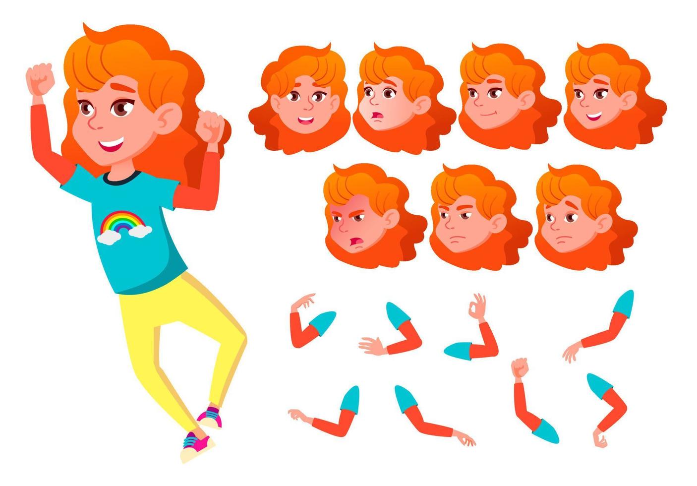 Girl, Child, Kid, Teen Vector. Smile. Cute. Happiness Enjoyment. Face Emotions, Various Gestures. Red Head. Animation Creation Set. Isolated Flat Cartoon Character Illustration vector