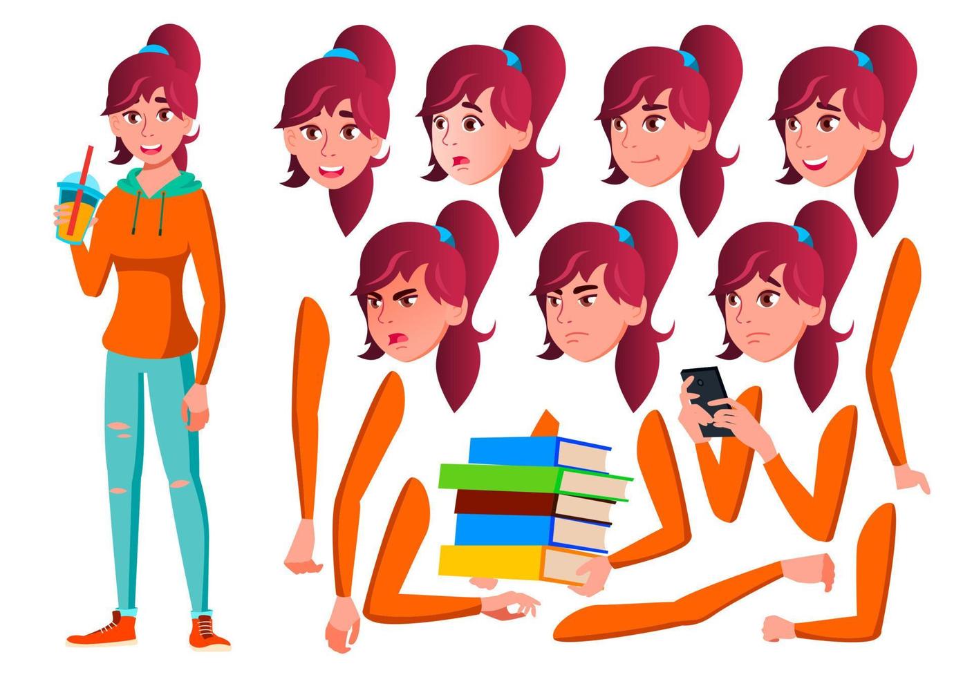 Teen Girl Vector. Teenager. Pretty, Youth. Face Emotions, Various Gestures. Animation Creation Set. Isolated Flat Cartoon Character Illustration vector