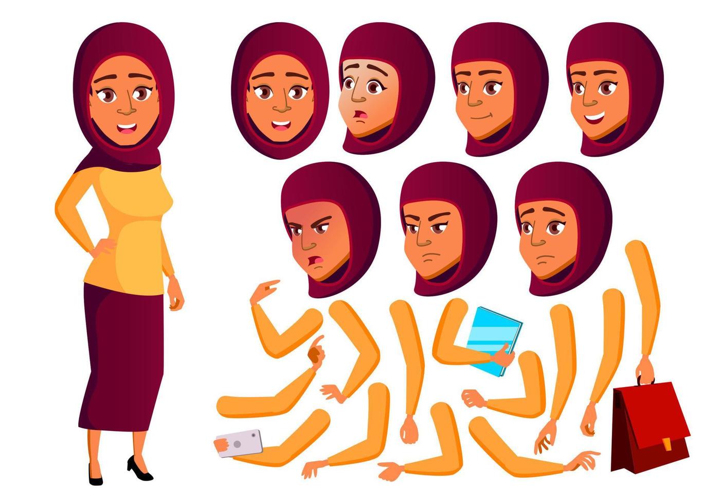 Teen Girl Vector. Teenager. Arab, Muslim. Funny, Friendship. Face Emotions, Various Gestures. Animation Creation Set. Isolated Flat Cartoon Character Illustration vector