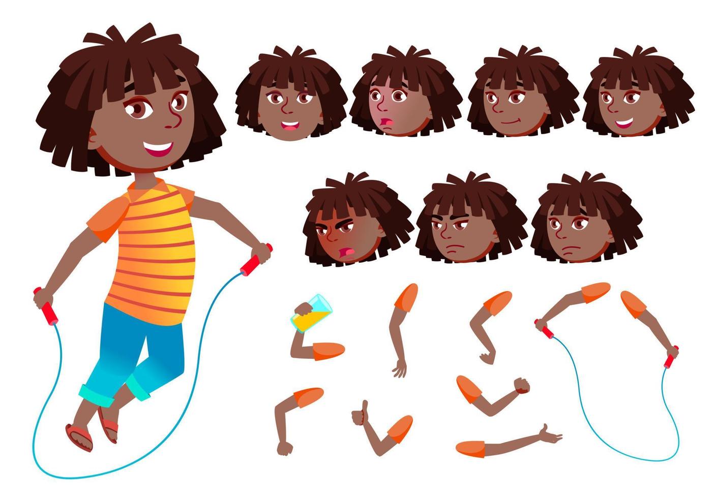 Girl, Child, Kid, Teen Vector. Black. Afro American. Teenager, Education. Face Emotions, Various Gestures. Animation Creation Set. Isolated Flat Cartoon Character Illustration vector