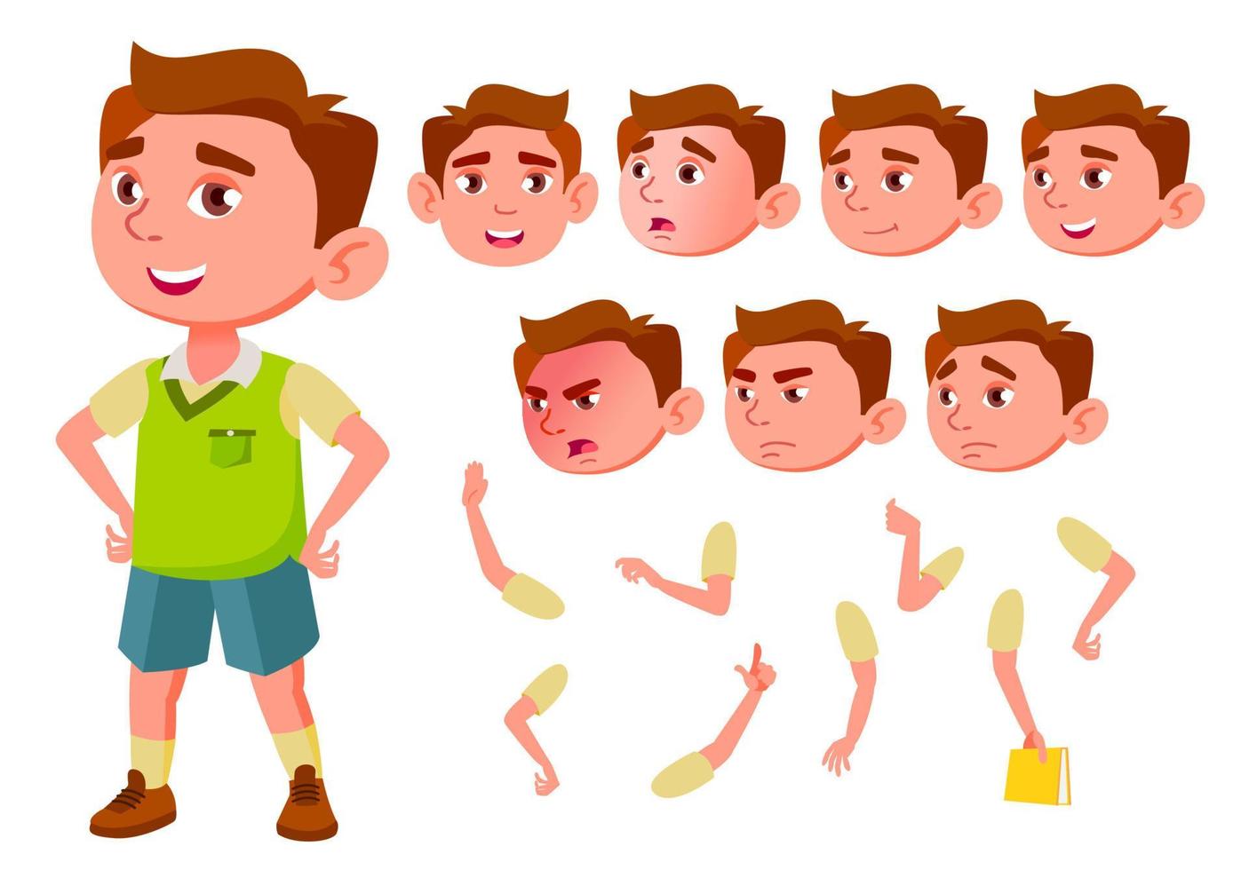 Boy, Child, Kid, Teen Vector. Little. Funny. Junior. Friendly. Face Emotions, Various Gestures. Animation Creation Set. Isolated Flat Cartoon Character Illustration vector