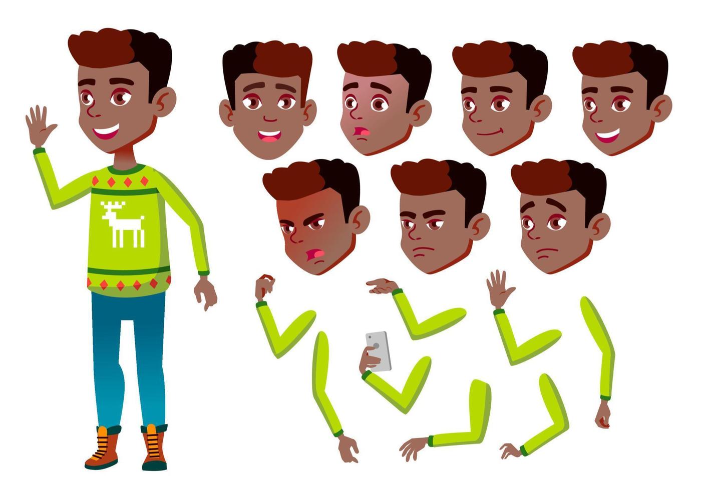 Boy, Child, Kid, Teen Vector. Cheerful Pupil. Black. Afro American. Face Emotions, Various Gestures. Animation Creation Set. Isolated Flat Cartoon Character Illustration vector