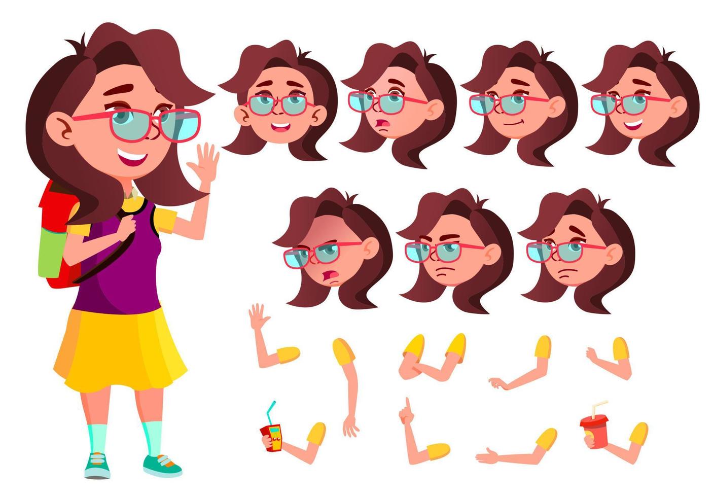 Girl, Child, Kid, Teen Vector. Schoolchildren, Teen. Face Emotions, Various Gestures. Animation Creation Set. Isolated Flat Cartoon Character Illustration vector