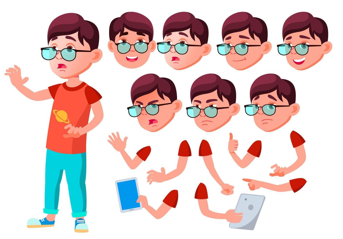 Boy, Child, Kid, Teen Vector. Joy. Comic Classmate. Face Emotions, Various Gestures. Animation Creation Set. Isolated Flat Cartoon Character Illustration vector