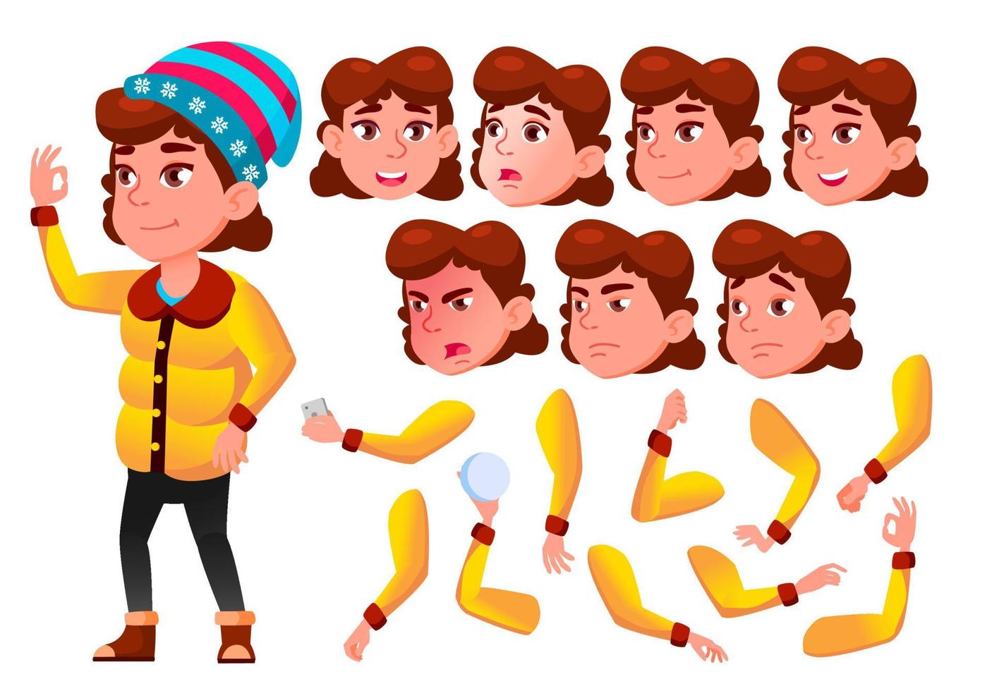 Girl, Child, Kid, Teen Vector. Cheerful Pupil. Face Emotions, Various Gestures. Animation Creation Set. Isolated Flat Cartoon Character Illustration vector