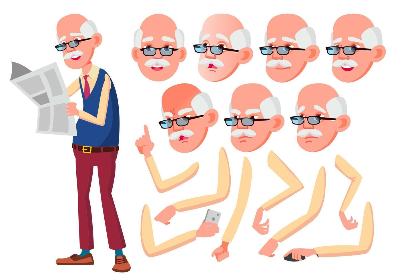 Old Man Vector. Senior Person. Aged, Elderly People. Caucasian, Positive. Face Emotions, Various Gestures. Animation Creation Set. Isolated Flat Cartoon Character Illustration vector