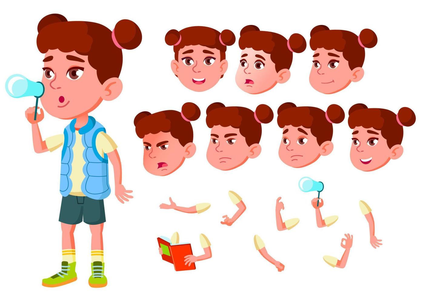 Girl, Child, Kid, Teen Vector. Little. Funny. Junior. Friendly. Face Emotions, Various Gestures. Animation Creation Set. Isolated Flat Cartoon Character Illustration vector