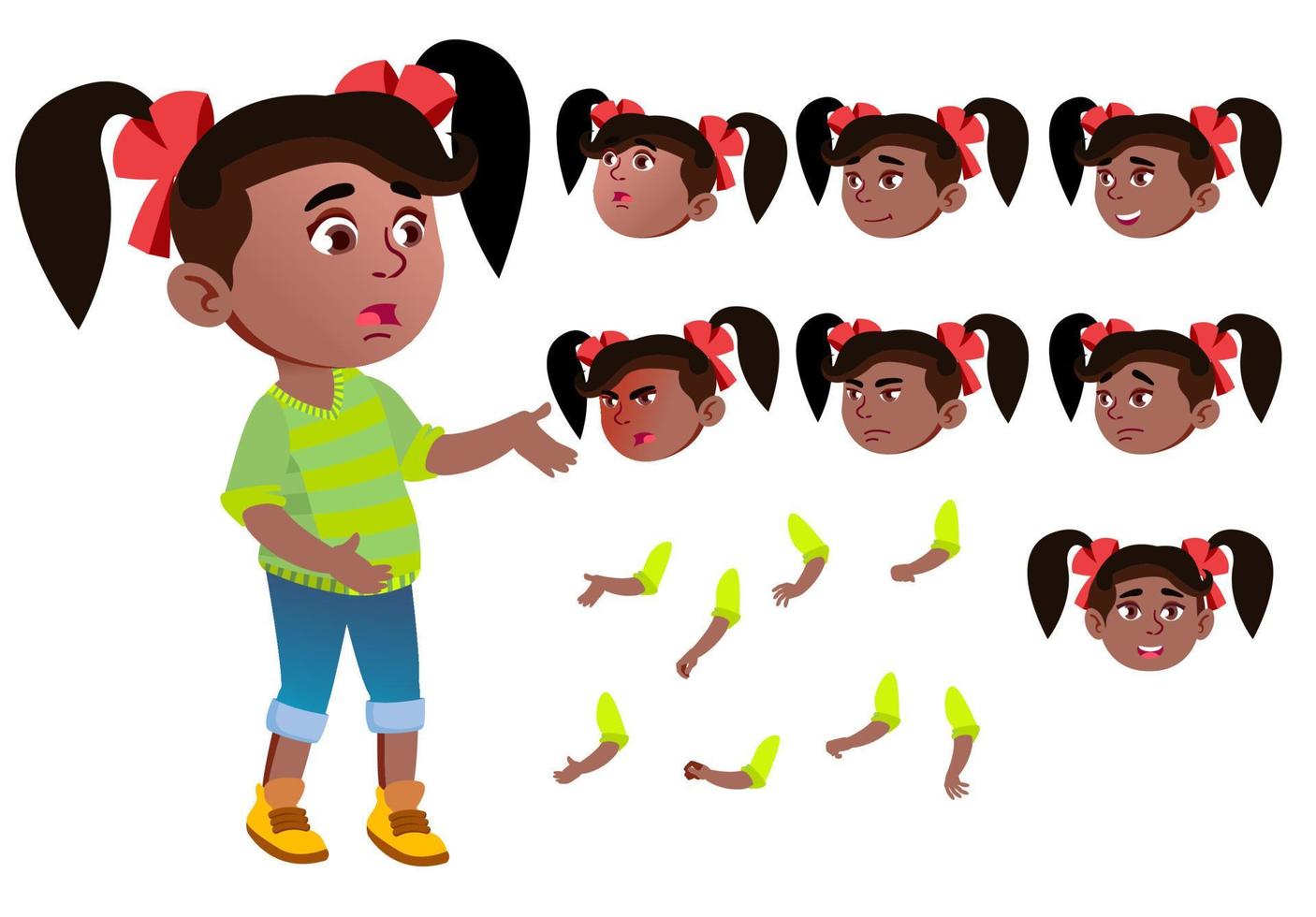 Girl, Child, Kid, Teen Vector. Black. Afro American. Beautiful. Youth, Caucasian. Face Emotions, Various Gestures. Animation Creation Set. Isolated Flat Cartoon Character Illustration vector