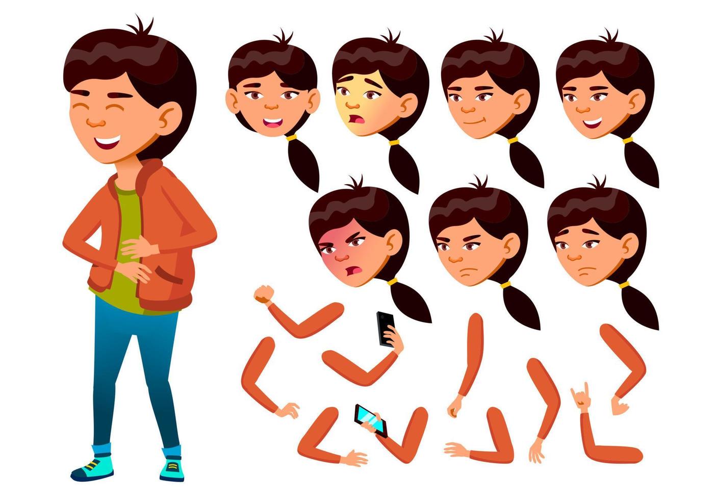 vector de chica adolescente asiática. adolescente. personas adultas. casual. divertido, alegre. enfrentar emociones, varios gestos. conjunto de creación de animación. ilustración de personaje de dibujos animados plano aislado