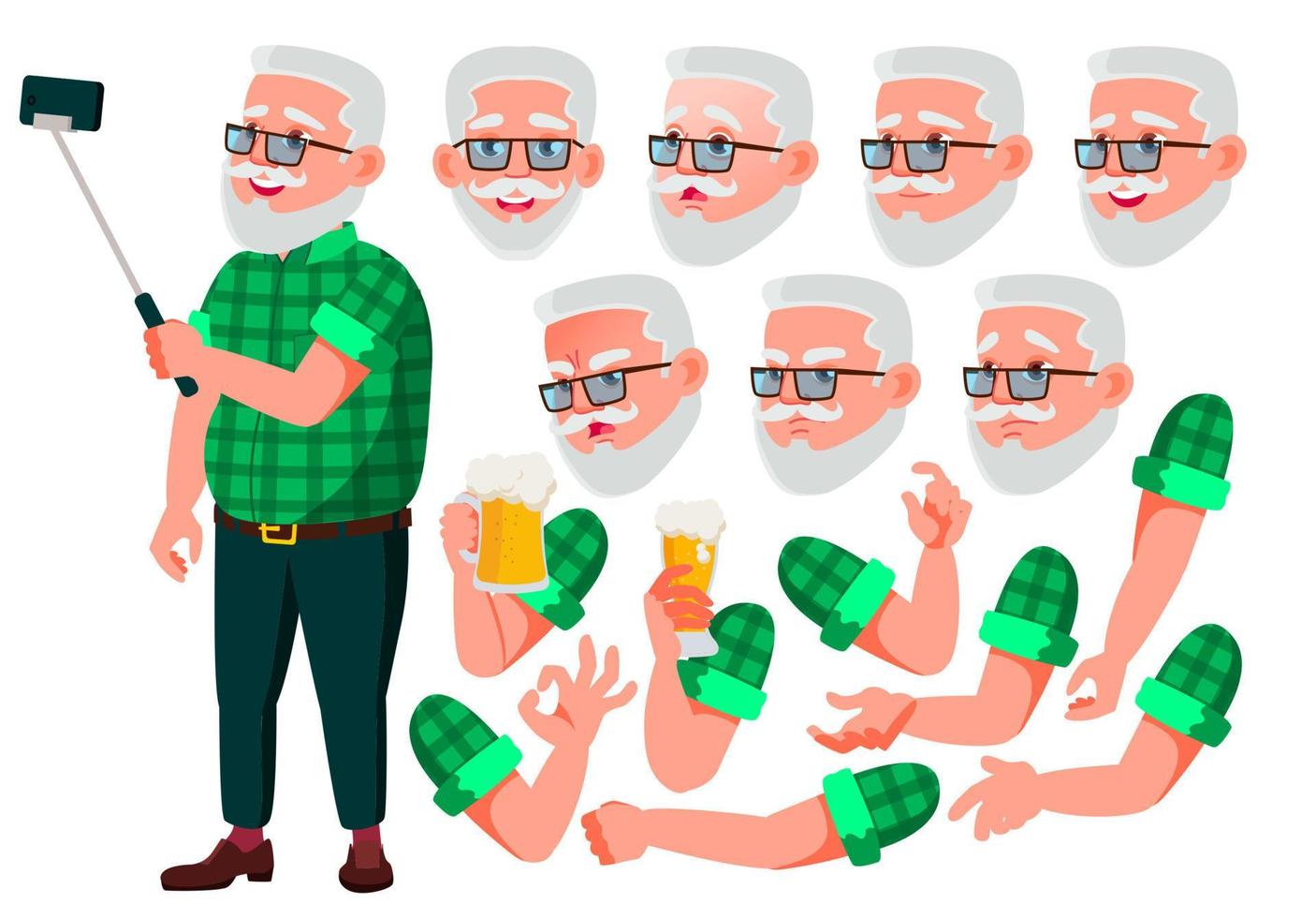 Old Man Vector. Senior Person. Aged, Elderly People. Positive Person. Face Emotions, Various Gestures. Animation Creation Set. Isolated Flat Cartoon Character Illustration vector