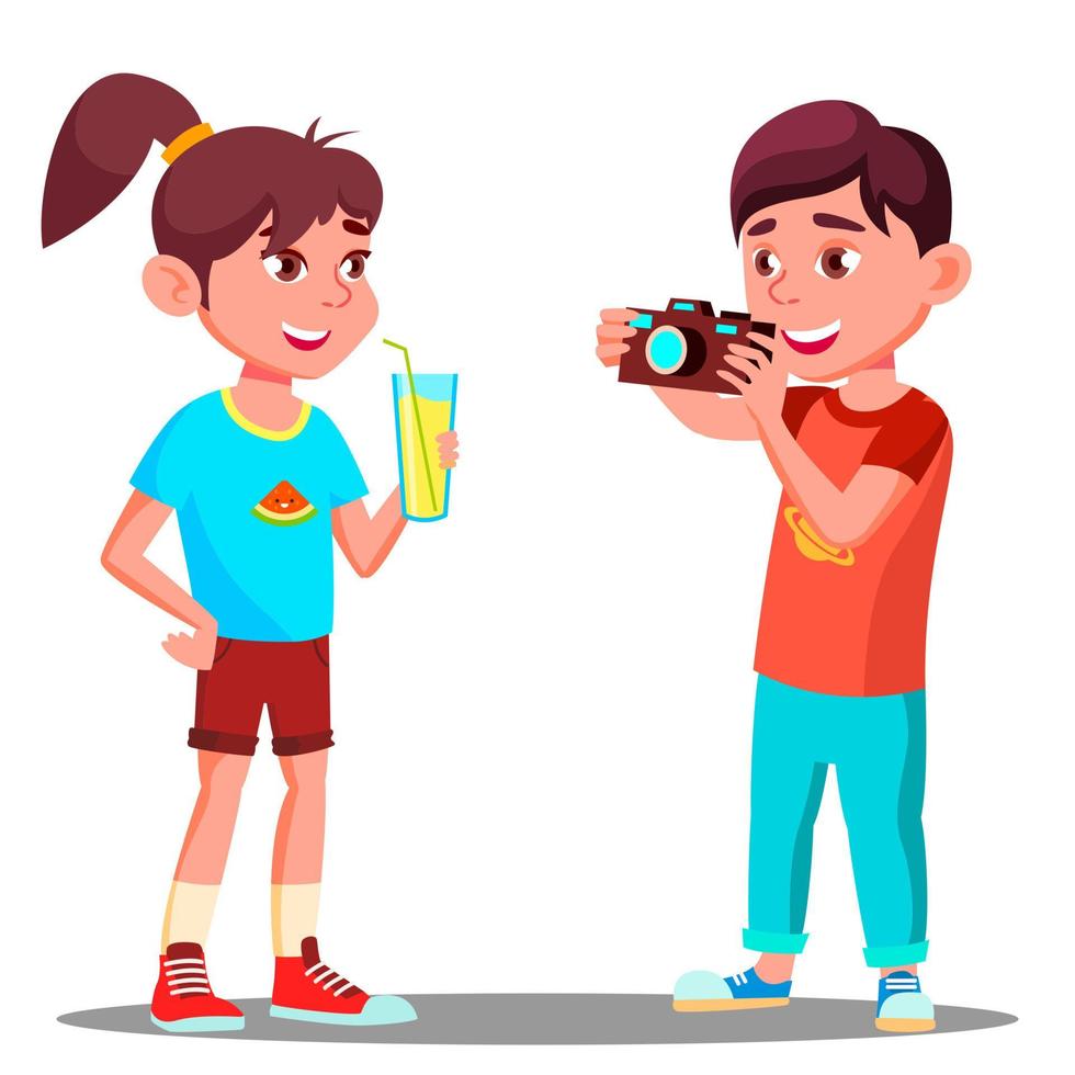 Little Boy Takes A Picture Of A Beautiful Girl Vector. Isolated Illustration vector