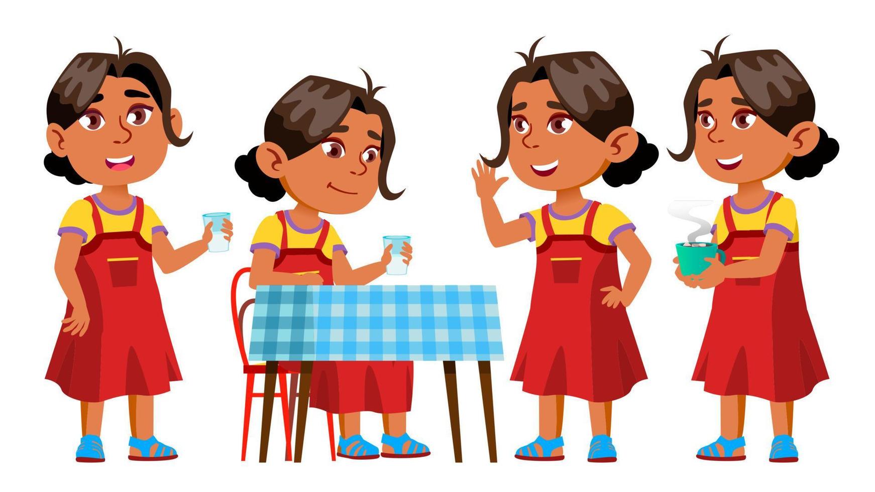 Arab, Muslim Girl Kindergarten Kid Poses Set Vector. Kiddy, Child Expression. Junior. For Postcard, Cover, Placard Design. Isolated Cartoon Illustration vector