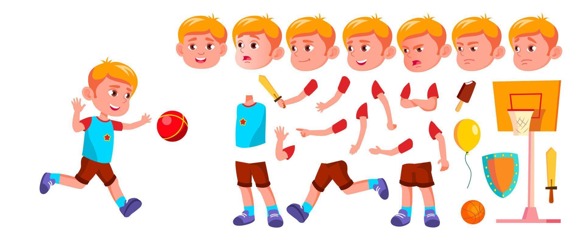 Boy Kindergarten Kid Vector. Animation Creation Set. Face Emotions, Gestures. Emotional Character Playing. Playground. For Banner, Flyer, Web Design. Animated. Isolated Cartoon Illustration vector