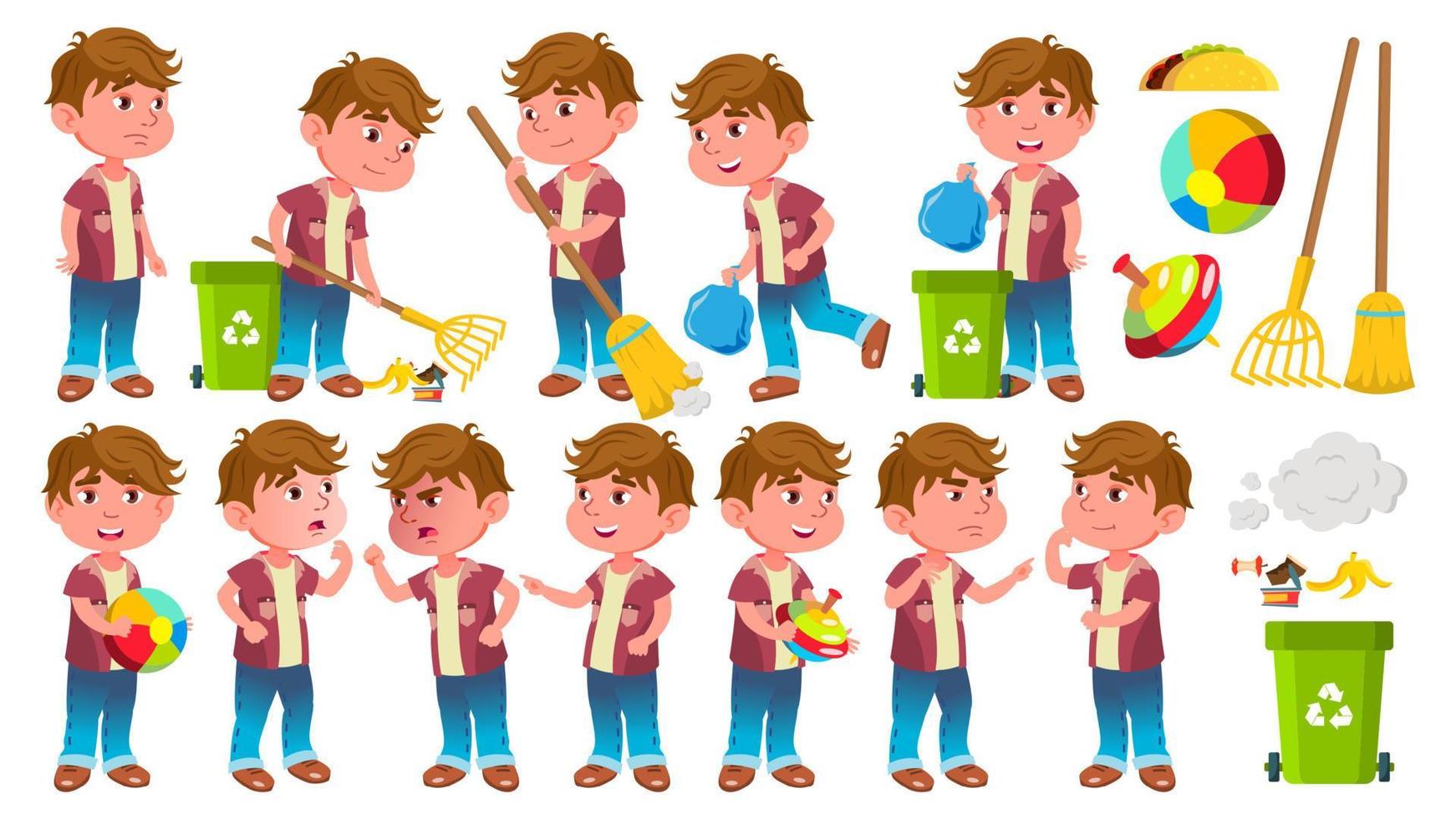 Boy Kindergarten Kid Poses Set Vector. Little Child. Helping On The Garden. Cleaning. Lifestyle. For Advertising, Placard, Print Design. Isolated Cartoon Illustration vector