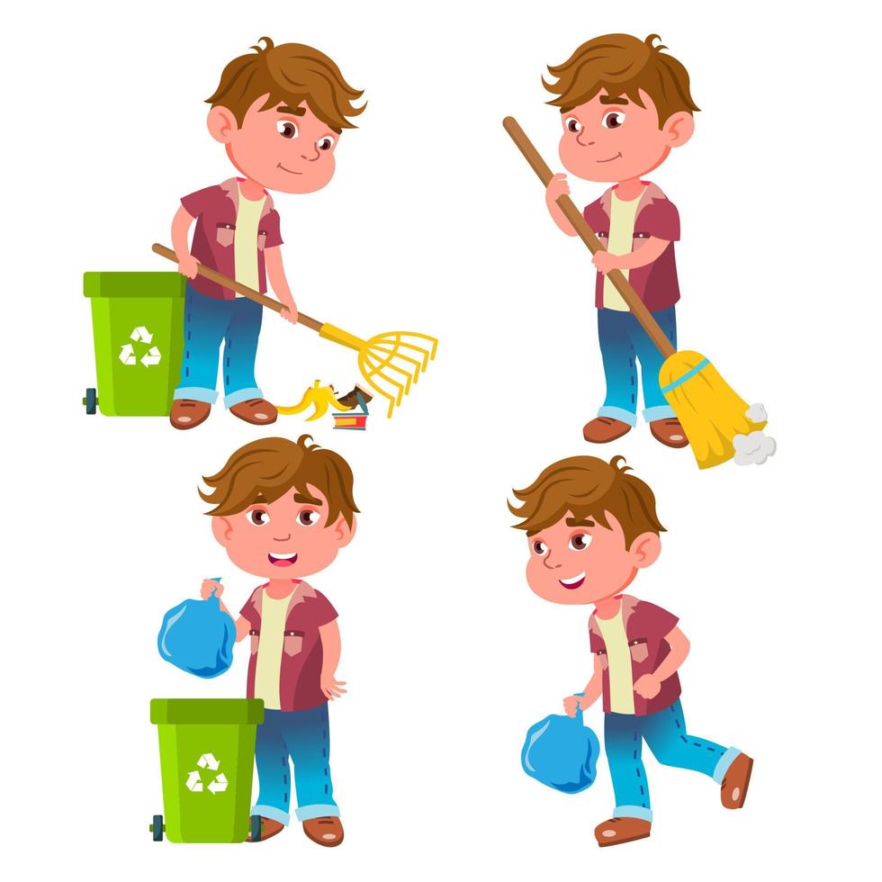 Boy Kindergarten Kid Poses Set Vector. Emotional Character. Helping On The Garden. Cleaning. Garbage Collection, Recycling. For Presentation, Invitation, Card Design. Isolated Cartoon Illustration vector