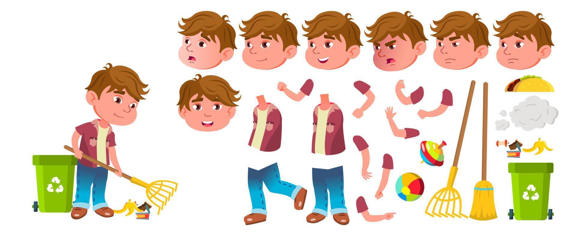 Boy Kindergarten Kid Vector. Animation Creation Set. Face Emotions, Gestures. Preschool, Childhood. Smile. Toys. For Advertisement, Greeting, Announcement Design. Animated. Cartoon Illustration vector