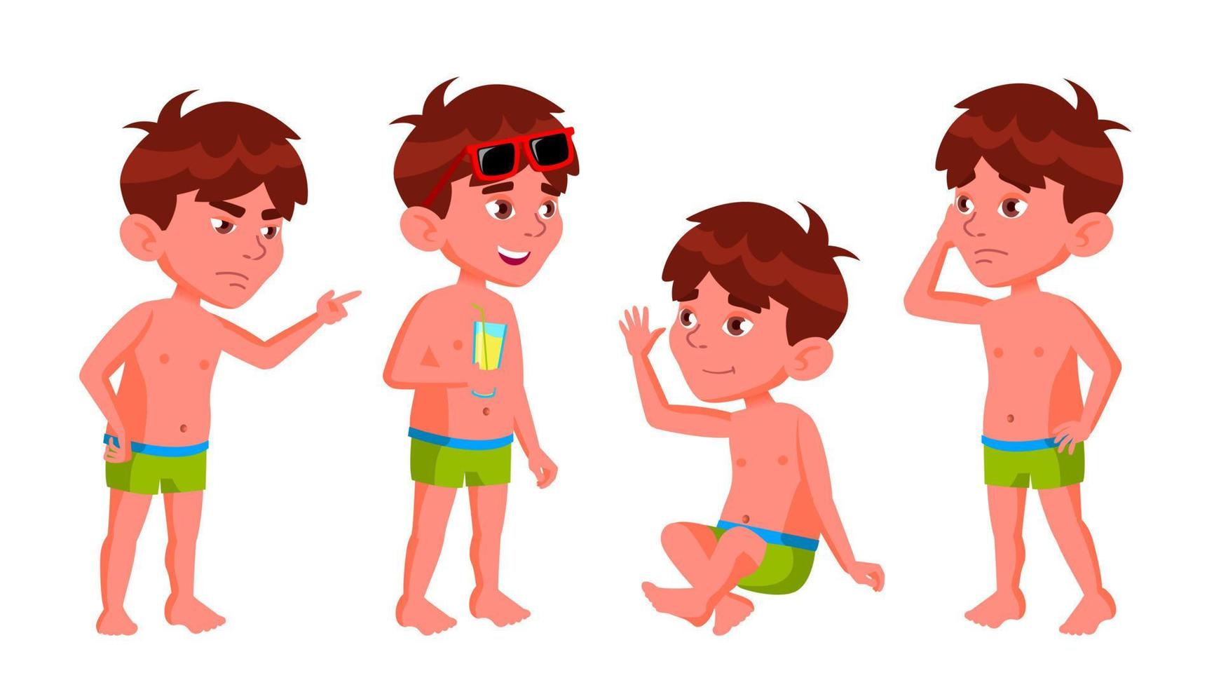 Boy Kindergarten Kid Poses Set Vector. Summer Vacation. Pool, Beach. Undressed. For Card, Advertisement, Greeting Design. Isolated Cartoon Illustration vector