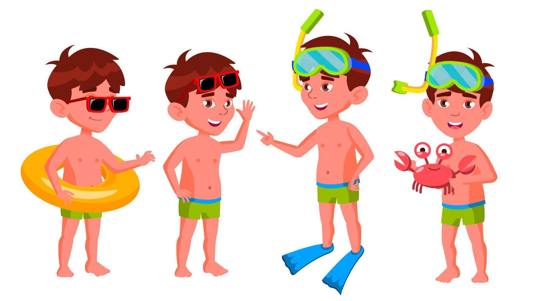 niño jardín de infantes plantea establecer vector. preescolar. joven persona positiva. sin curtir. vacaciones de verano. parque acuático, piscina, playa. para banner, volante, diseño de folleto. ilustración de dibujos animados aislados vector