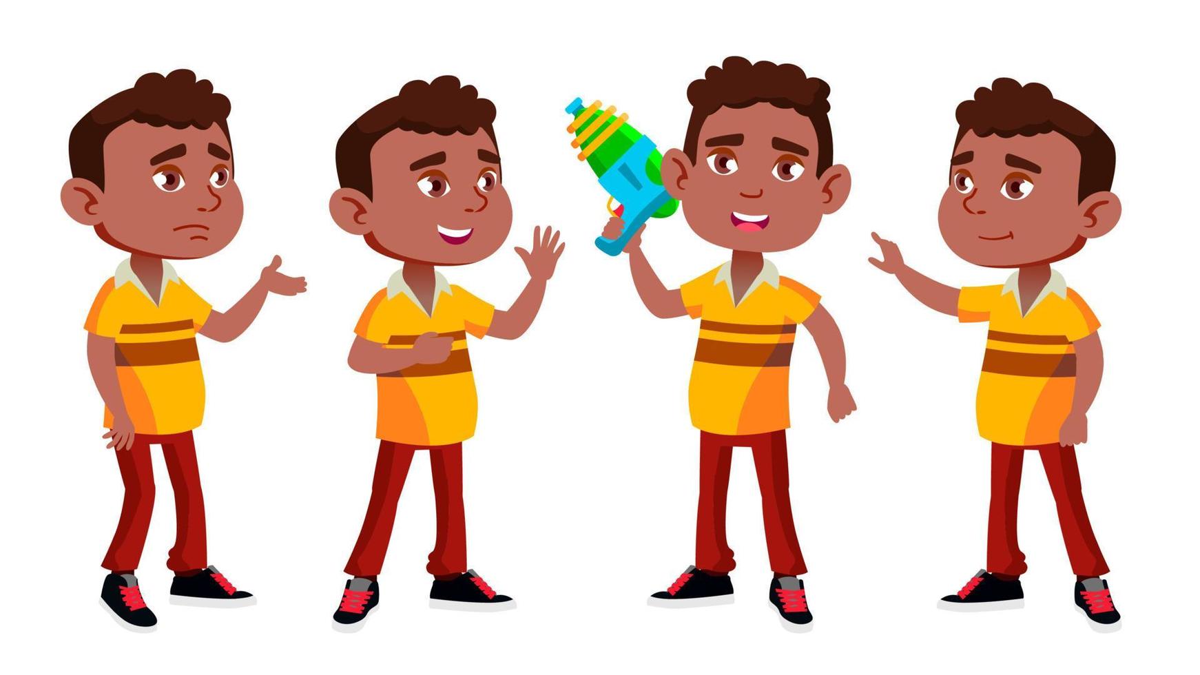 negro, niño afroamericano, niño de jardín de infantes, poses de vector conjunto. preescolar. persona joven. alegre. pistola de agua. para web, folleto, diseño de afiches. ilustración de dibujos animados aislados