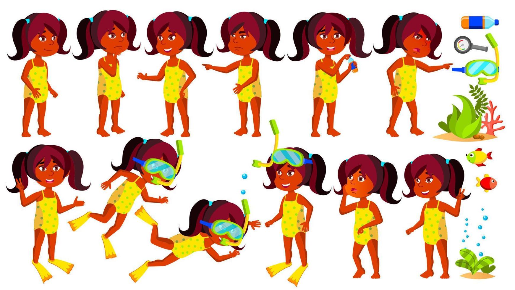 Indian Girl Kindergarten Kid Vector. Hindu. Swimmer, Diver. Ocean Depth, Under Water. Undressed. Little Children. Happiness Enjoyment. For Web, Brochure, Poster Design. Isolated Cartoon Illustration vector