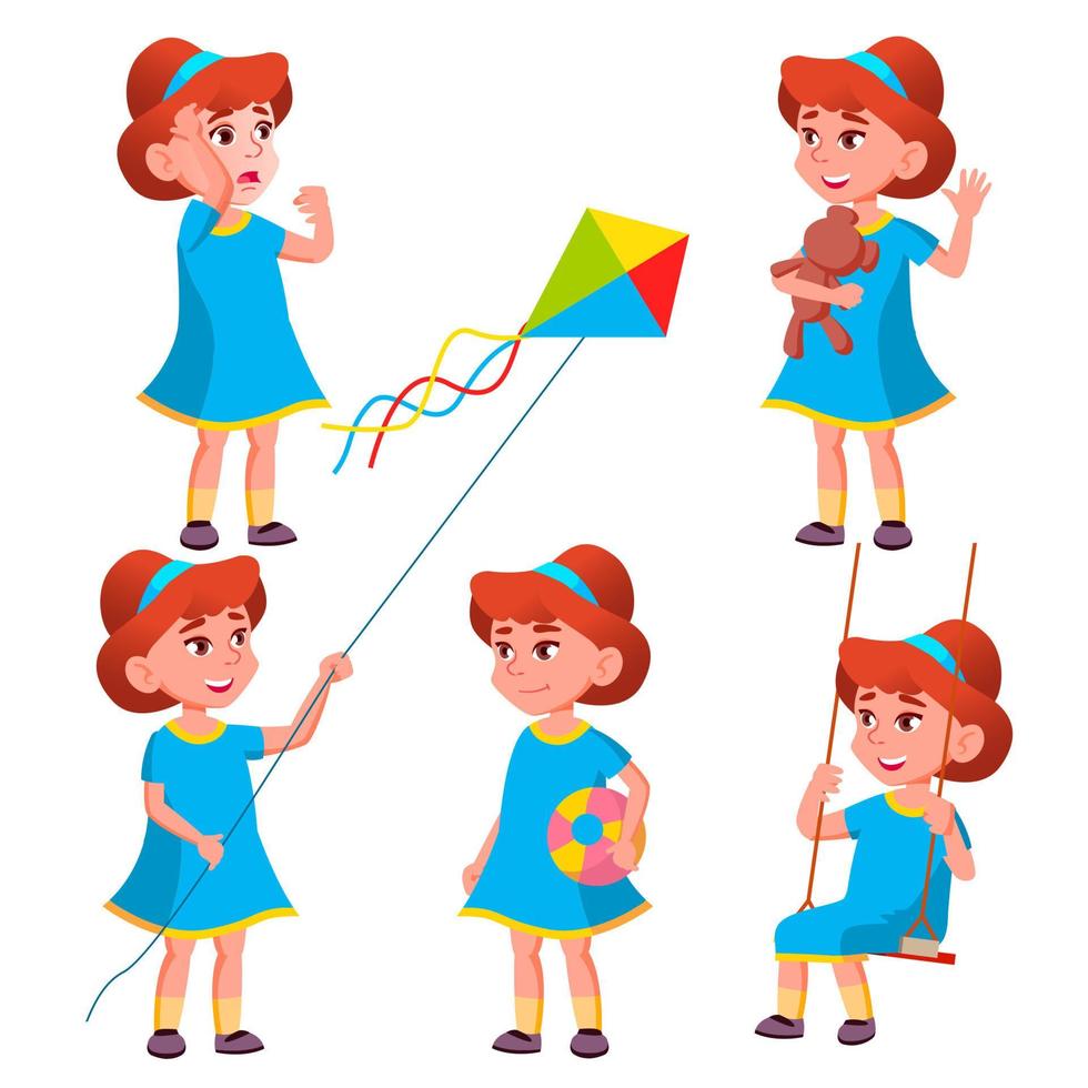 Girl Kindergarten Kid Poses Set Vector. Character Playing. Childish. Casual Clothe. For Presentation, Print, Invitation Design. Isolated Cartoon Illustration vector