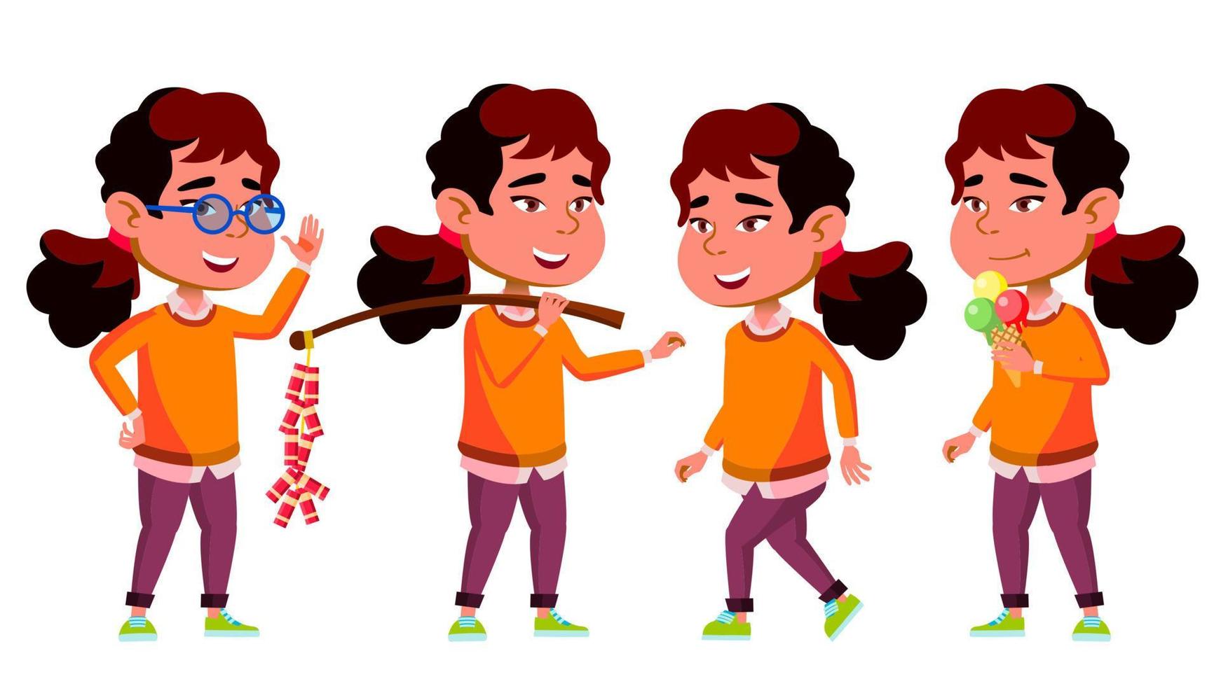 Asian Girl Kindergarten Kid Poses Set Vector. Preschool, Childhood. Friend. For Postcard, Cover, Placard Design. Isolated Cartoon Illustration vector