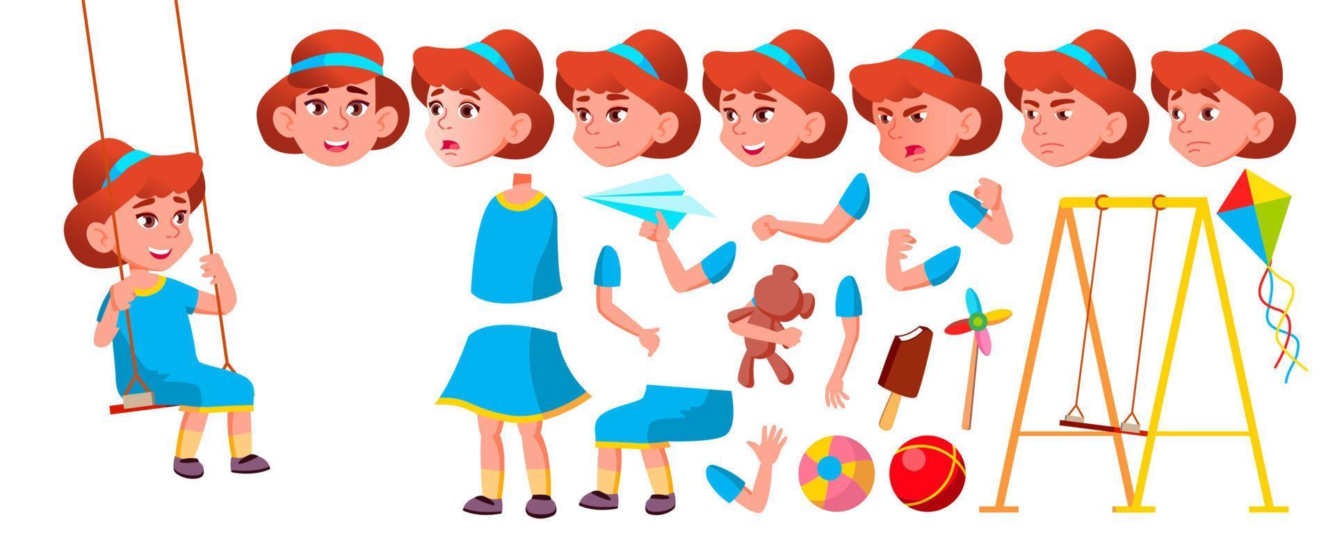 Girl Kindergarten Kid Vector. Animation Creation Set. Face Emotions, Gestures. Emotional Character Playing. Playground. For Banner, Flyer, Web Design. Animated. Isolated Cartoon Illustration vector
