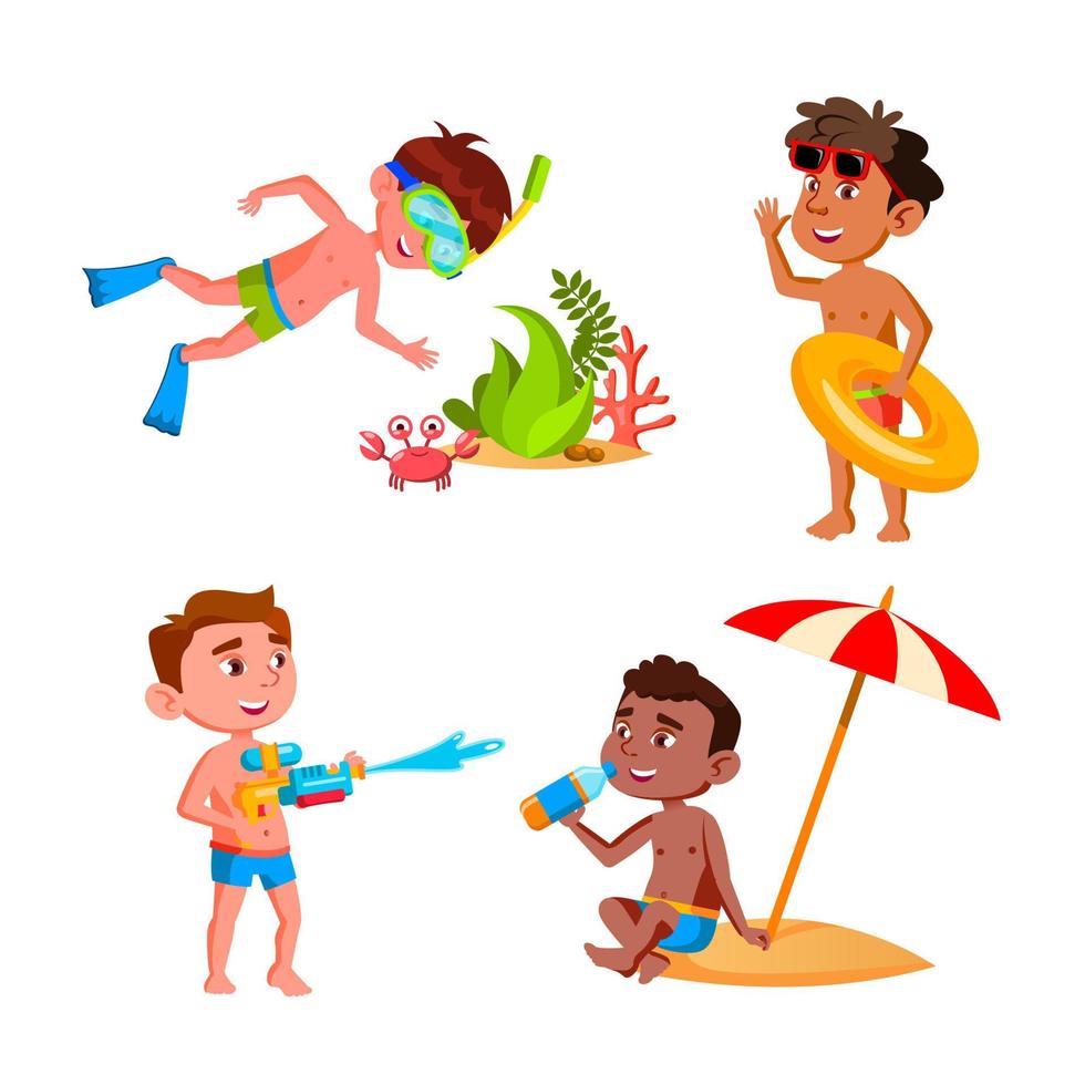 Boys Kids Vacation Activity On Beach Set Vector