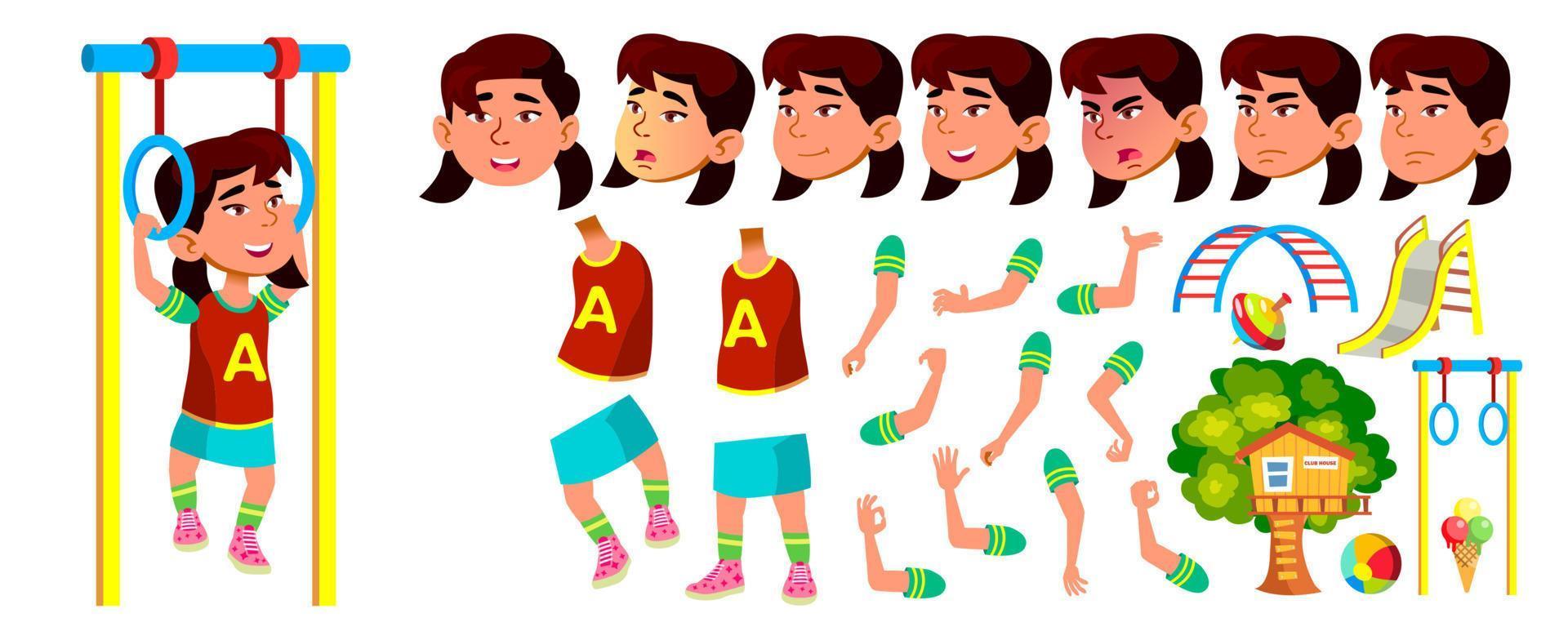 Asian Girl Kindergarten Kid Vector. Animation Creation Set. Face Emotions, Gestures. Little Children. Happiness Enjoyment. For Presentation, Invitation, Card Design. Animated. Cartoon Illustration vector