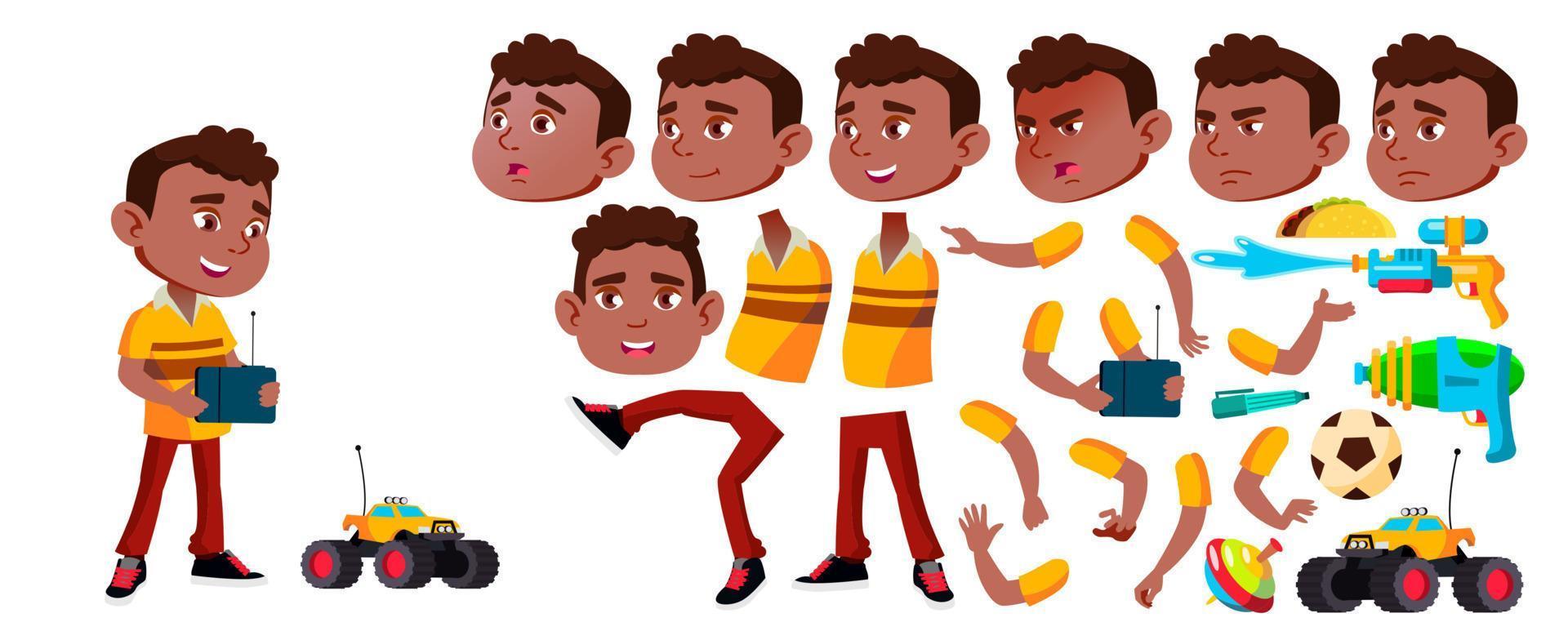 Black, Afro American Boy Kindergarten Kid Vector. Animation Creation Set. Face Emotions, Gestures. Water Gun. Happy Children Character. For Announcement, Cover Design. Animated. Isolated Illustration vector