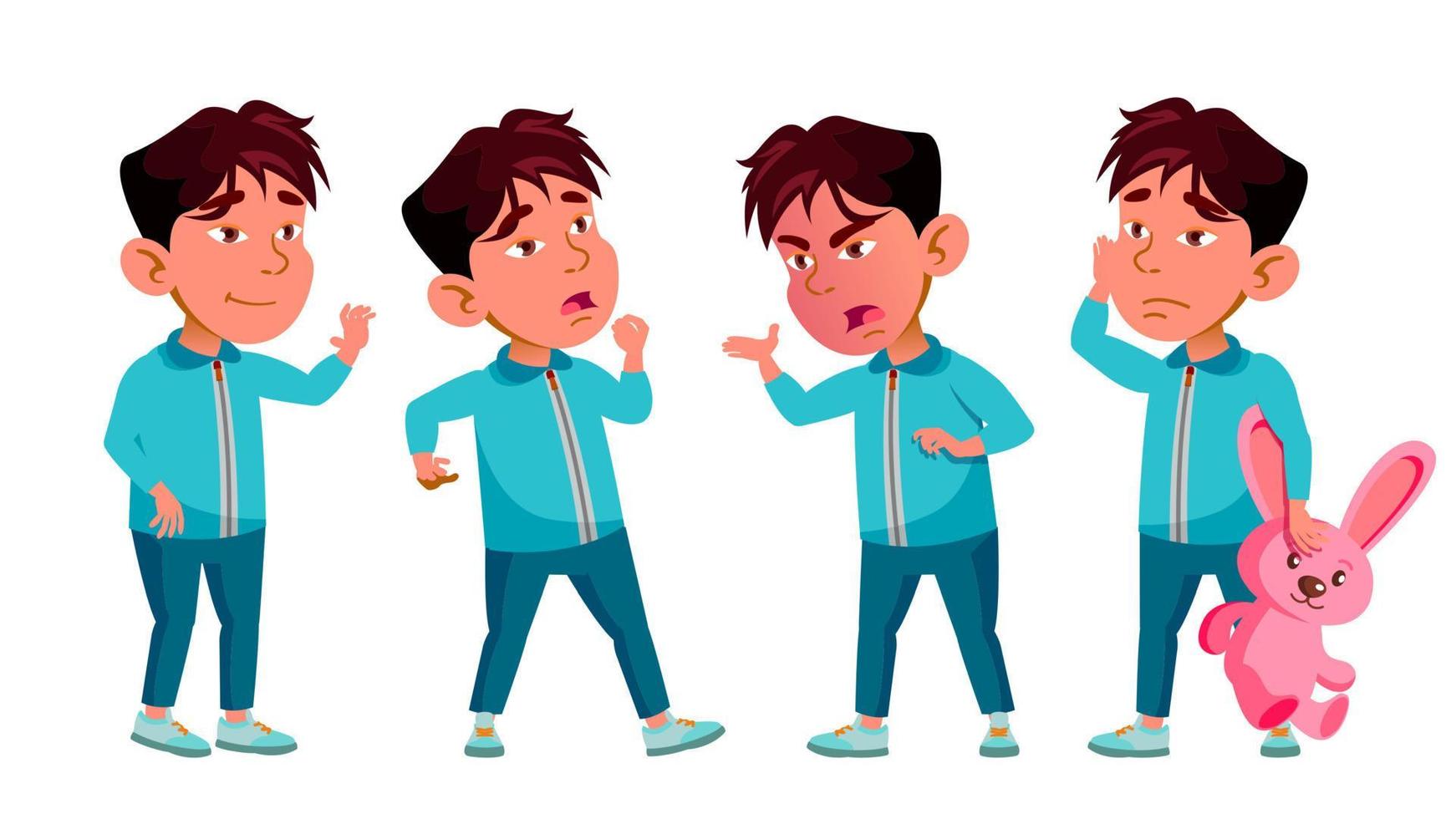 Asian Boy Kindergarten Kid Poses Set Vector. Baby Expression. Preschooler. For Card, Advertisement, Greeting Design. Isolated Cartoon Illustration vector