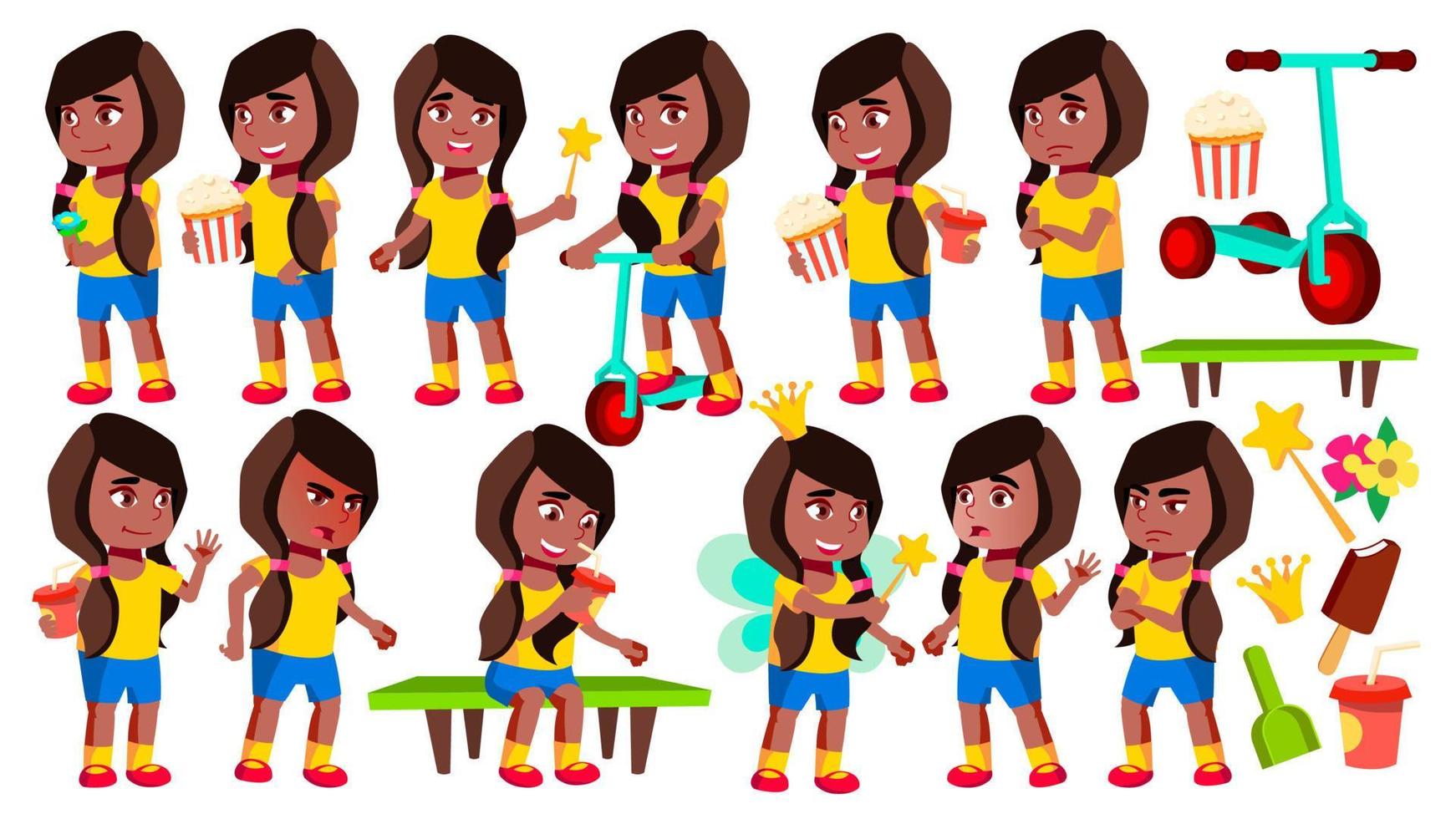 Girl Kindergarten Kid Poses Set Vector. Black. Afro American. Baby Expression. Preschooler. For Card, Advertisement, Greeting Design. Isolated Cartoon Illustration vector